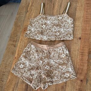 Beige Floral Lace Two-Piece Romper Set - Women